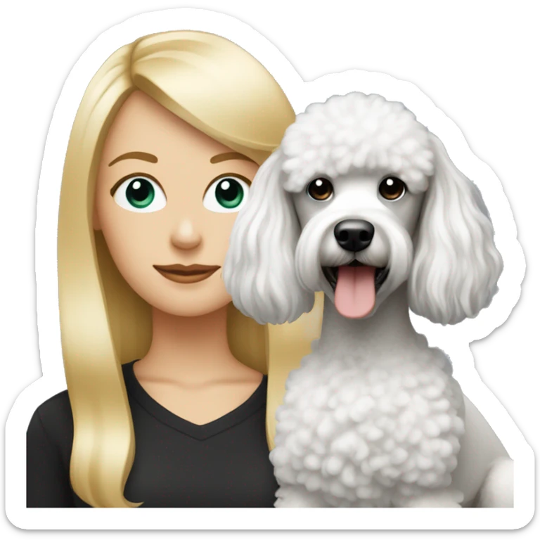 white woman with long blonde hair alongside a black & white colored poodle dog  sticker