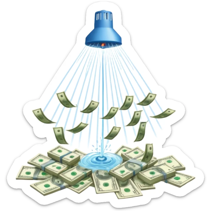 Sprinkler system shooting out streams of dollar bills, instead of water, clearly showing financial benefit sticker