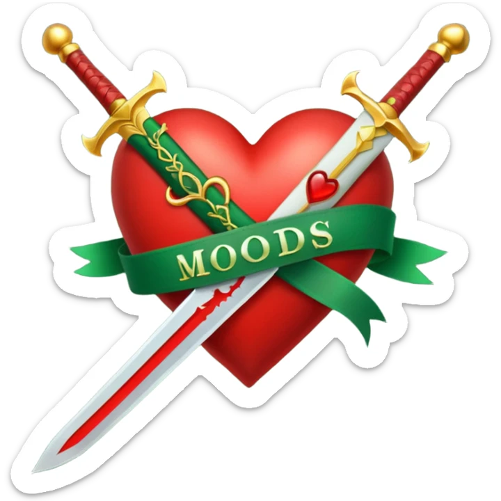 a red heart pierced by a green sword, with the golden text 'MODS' on a white ribbon sticker