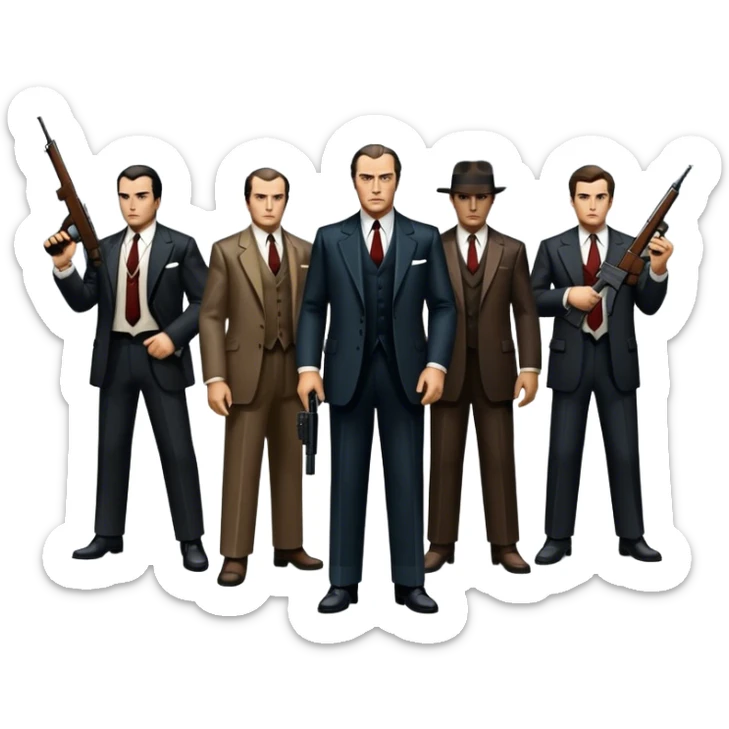 Vintage noir poster with Don Corleone surrounded by gangsters holding Thompson submachine guns. Background features New York skyscrapers, adding to the gritty, classic gangster film feel.  Dark and moody atmosphere with shadows, suits, and a mysterious vibe. Transparent background. sticker