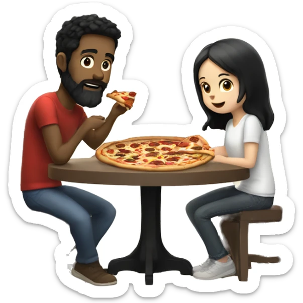 white man with black hair and beard sitting at a table eating pizza with small white girl with black hair sticker