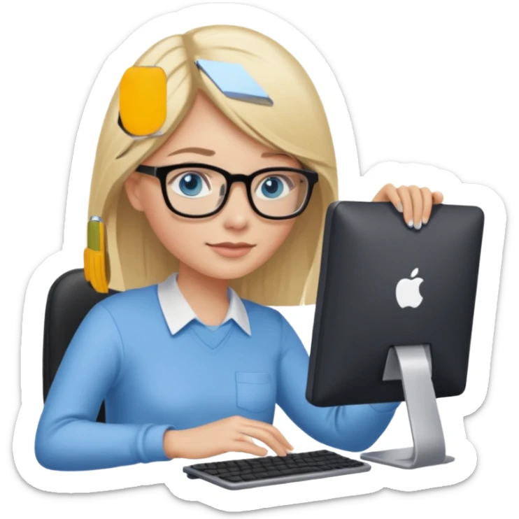 donna, occhi azzurri con occhiali, capelli medi, lisci e biondi, lavora al pc. sticker