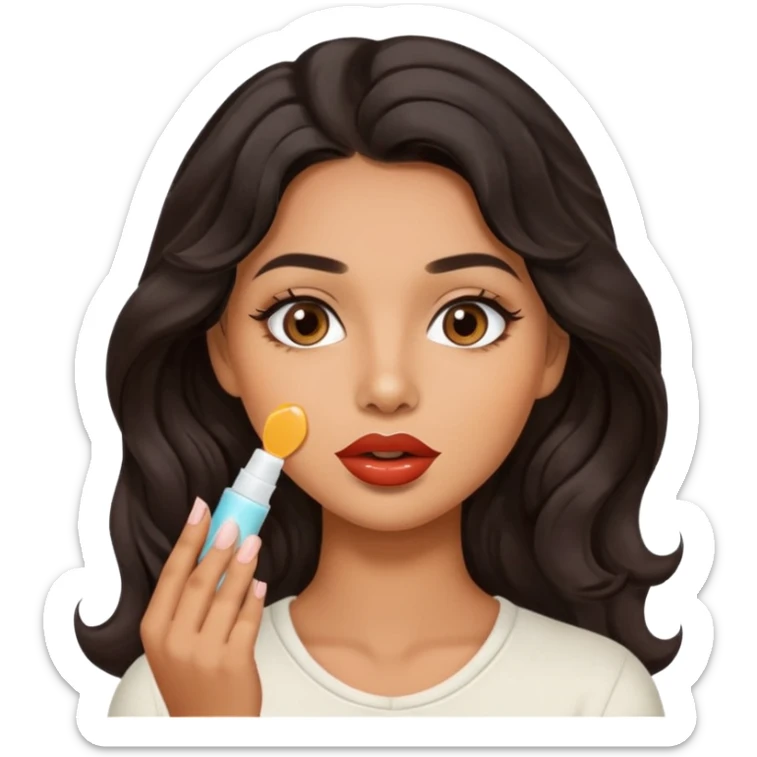 A gorgeous with black wavy hair women applying cute thin lipbalm on her brown lips sticker