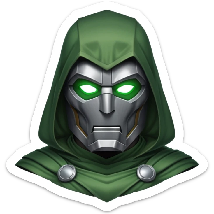 Doctor Doom in full body stance with intense glowing green eyes shining through mask sticker