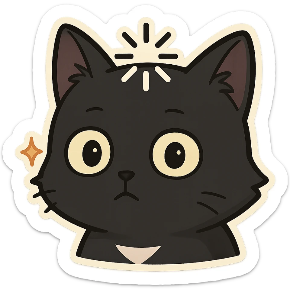 Cat meme, a black cat head with a dull expression, wide eyes, and a loading symbol on its head sticker