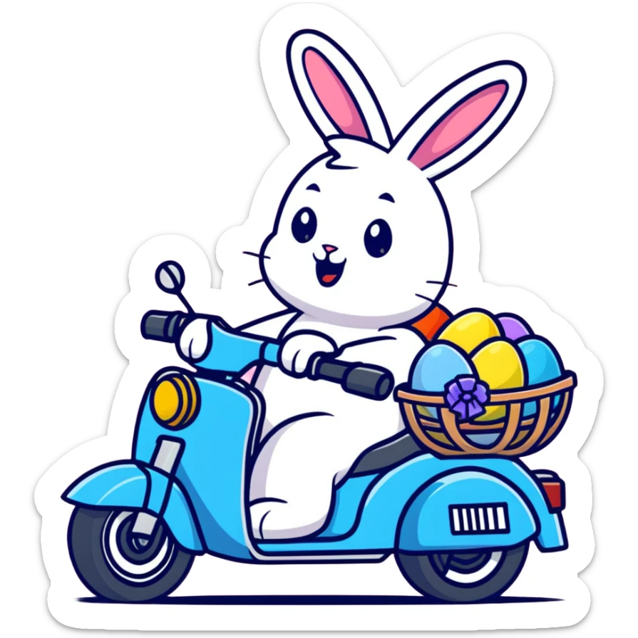 Easter bunny riding a BMW boxer motorcycle with trees and grass in the background, colorful Easter eggs hidden in the grass, and more bunnies watching from the side of the road sticker
