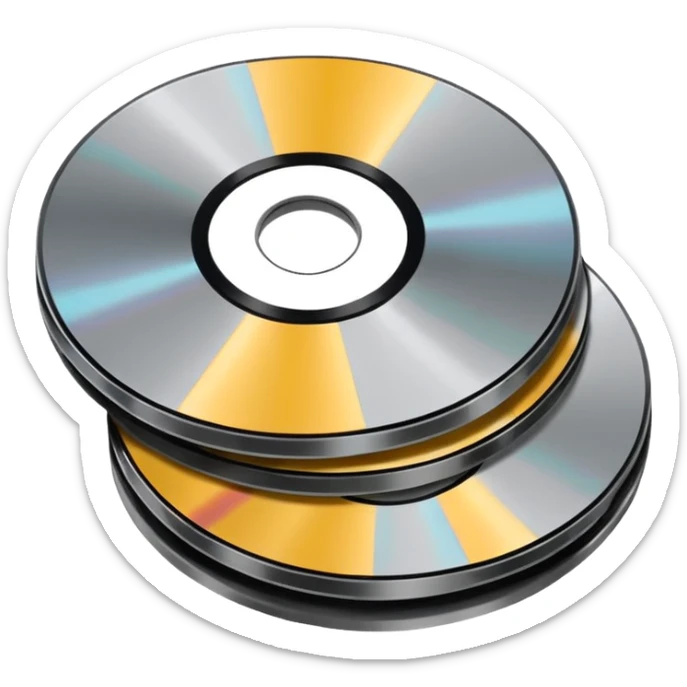 Minimalist emoji-style sticker of a small stack of DVD discs, one cracked, one with burn marks. Top-down view, grayscale and muted tones, flat design, no text. sticker