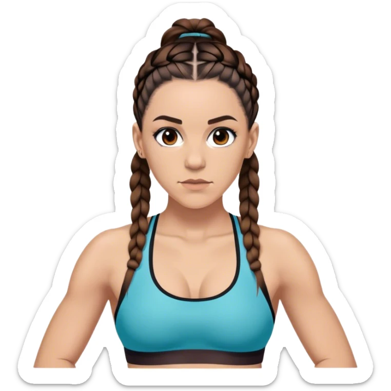 Melanie chisholm with two dark brown french braids parted down the middle, wearing a sports bra sticker