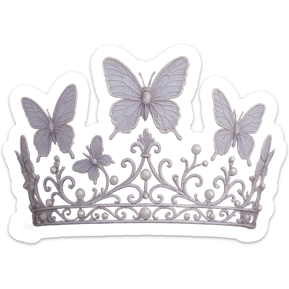 a delicate crown adorned with butterfly motifs, pale lavender with pearl accents, soft and haunting sticker