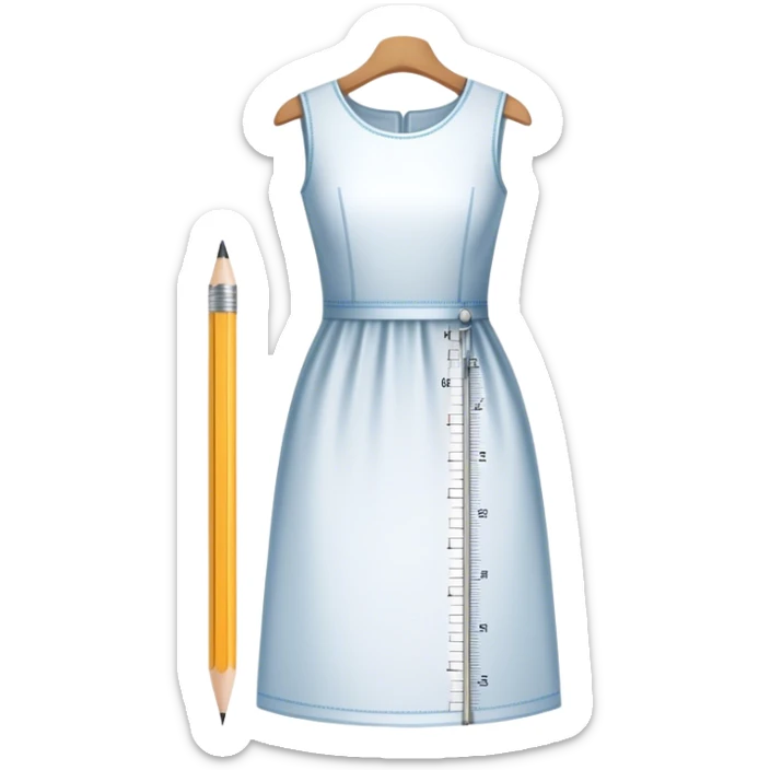 Icon for Fashion Design: a dress pattern with measurements, a ruler, and a pencil. The icon should represent the process of designing clothing with a focus on precision and tailoring. Transparent background. sticker