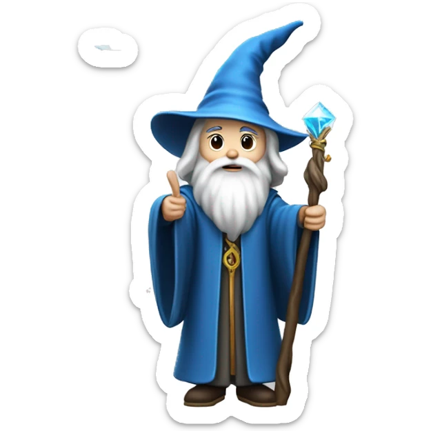 full-body emoji of a wizard.wizard is wearing a classic, long blue robe adorned with silver stars and a matching pointed hat.  long white beard holding a magical staff topped with a glowing crystal. sticker
