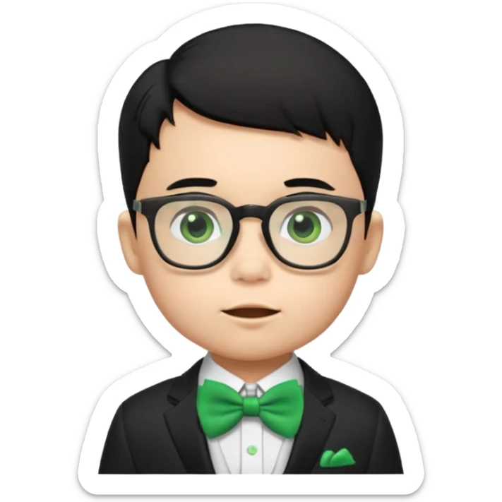 baby boy black hair in suit, with green bow, wearing glasses sticker