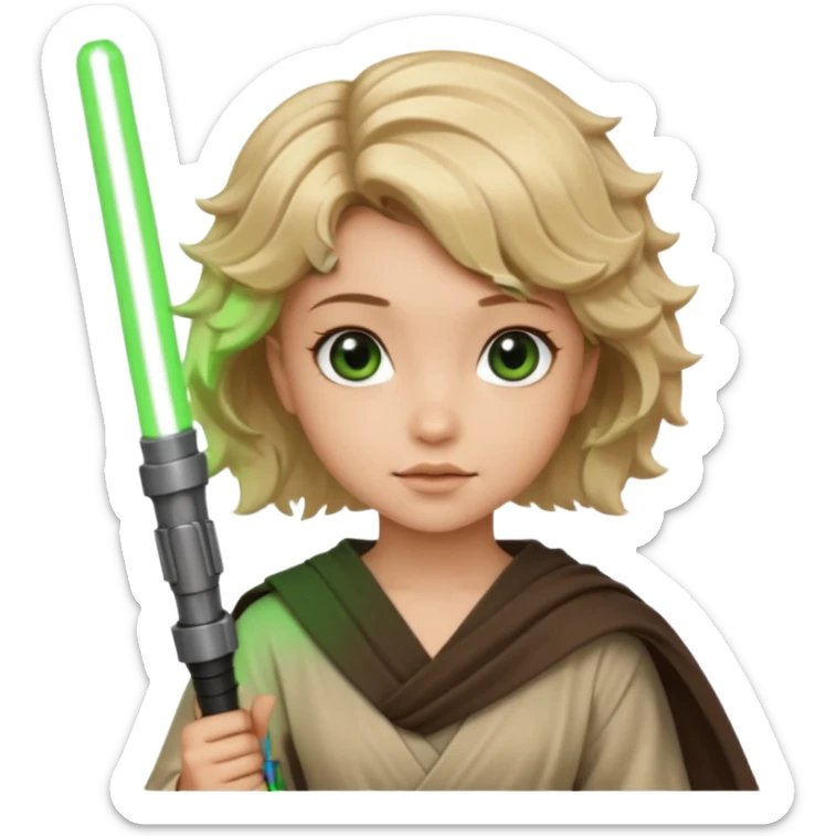 Young jedi with sandy blonde wavy short hair holding a green light saber, he has brown eyes sticker