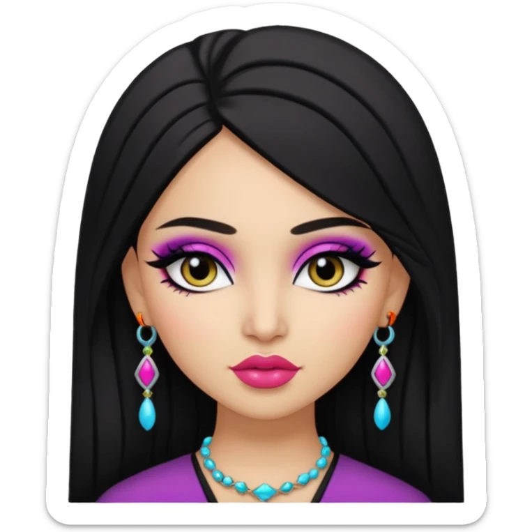 Pashtun, pretty lips, light skin, pretty bratz baddie, black eyeliner, colorful sticker
