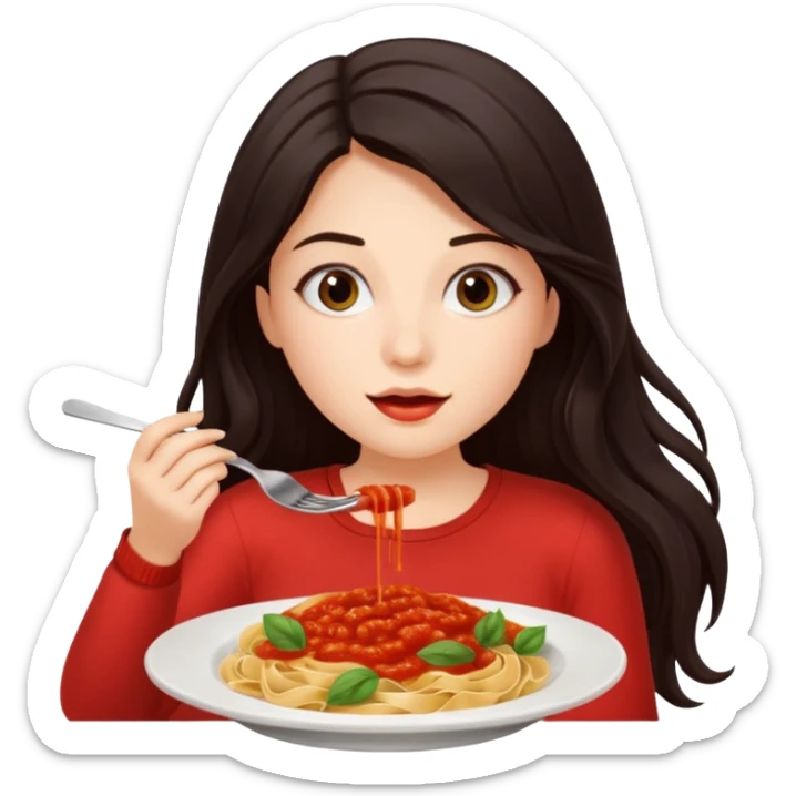 chica joven con piel clara y pelo oscuro largo comiendo un plato de pasta sticker
