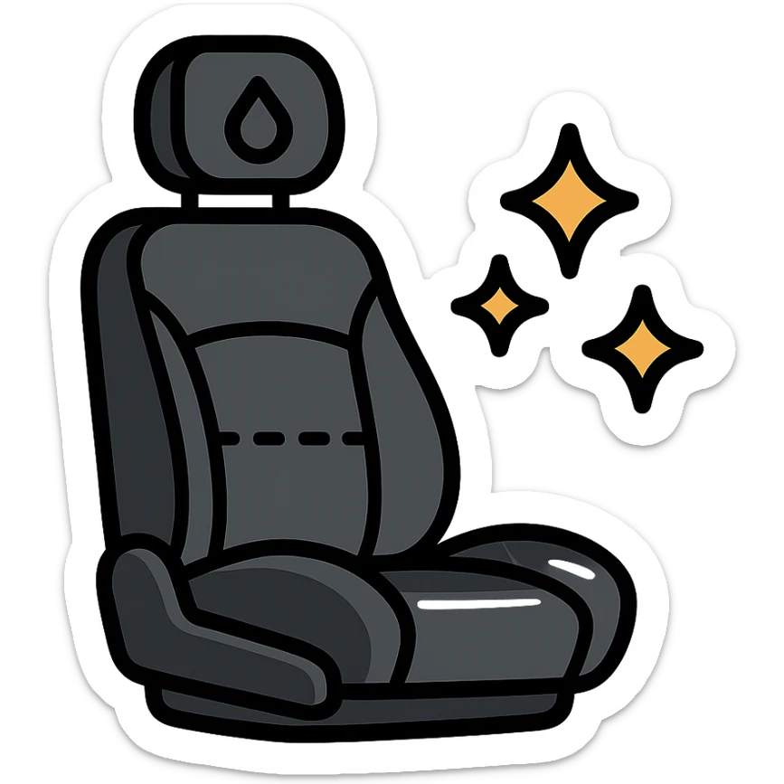 luxury car seat icon in matte black with a small droplet or shield on the headrest, elegant stitching, minimalist lines, extra shine and sparkling effects, modern and clean style, no text sticker