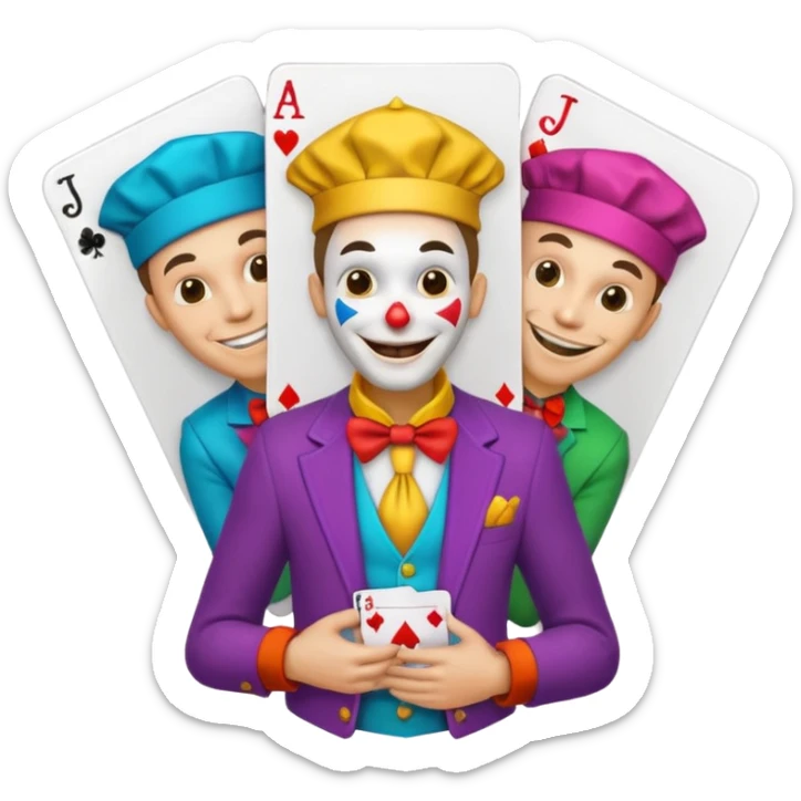 3 poker cards, with crazy colorful human jolly jokers inside, face and torso only sticker