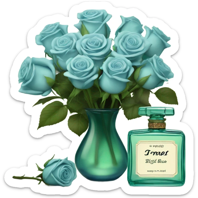 Aesthetic composition of soft blue roses with a vintage-style green  perfume bottle.
 sticker