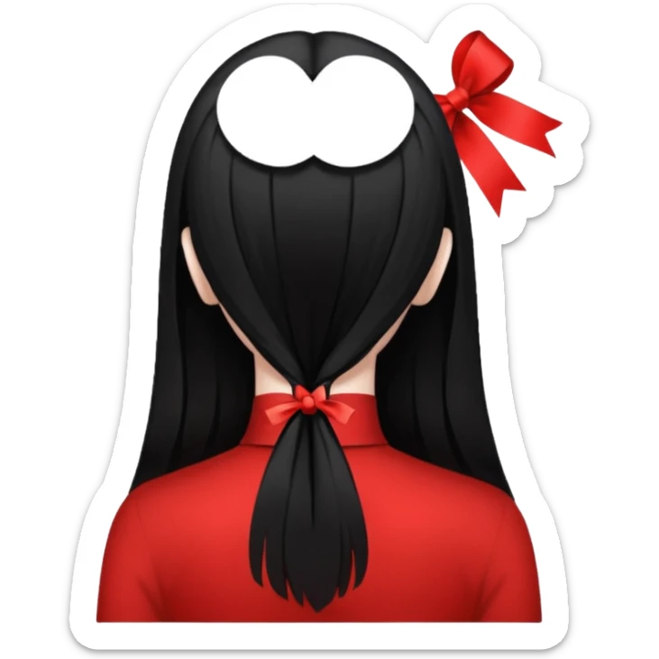 girl back view with single red ribbon in the middle black hair sticker