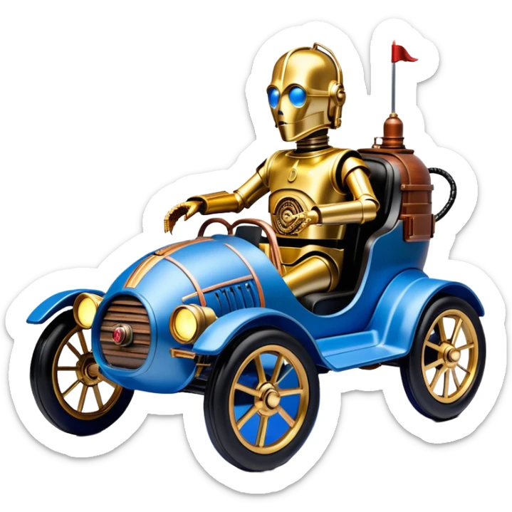  tarnished blue neon underglow C-3PO ghost buster 1927 delicately ornate rosegold wood barrel accents Model-T bucket powered by electric motors and batteries with racing safety belts while flying rapidly roughening terrain stable on strong agile advanced suspension and steering sticker