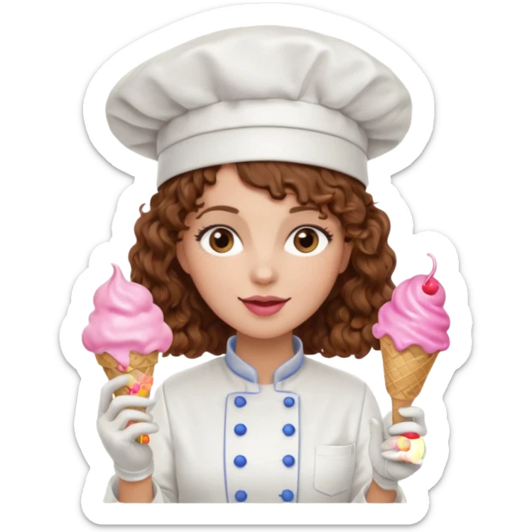 woman brown curly hair, chef, eating pink ice cream sticker