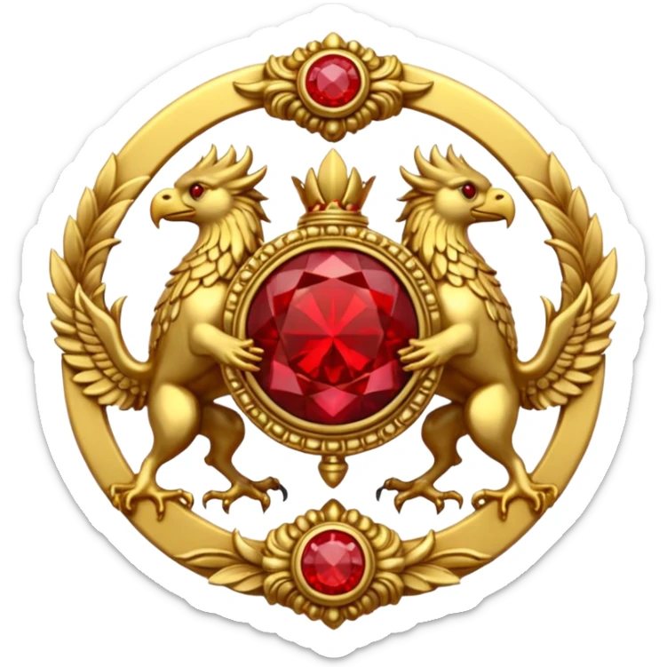 Golden griffin crest / brosch in a circle with two red gems and no background sticker