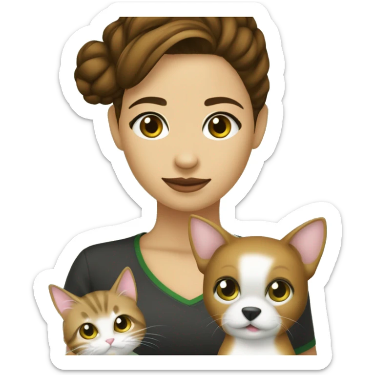 garota pele clara com cabelo cacheado castanho claro  loiro comprido 8 anos com olhos verdes muito escuros e um gato preto e um cachorro caramelo sticker