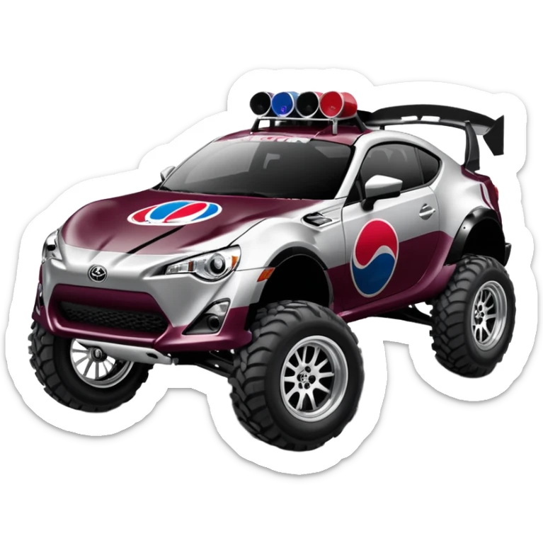 Extended wheelbase 2013 scion fr-s dark black cherry off road 4wd monster Baja dessert stadium racer number 86 with long travel suspension, shiny silver wheels, exaggerated black fender flares made out of Pepsi cans  sticker
