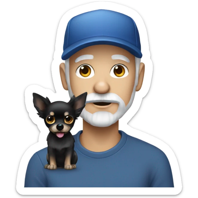 Blue eye Old man with goatee beard ball cap holding black Chihuahua long hair sticker