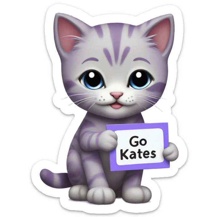 purple kitten with a name tag labeled cake crying holding a sign saying go to katies sticker
