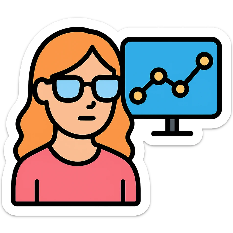 A woman wearing glasses and looking at data, in color outline icon style, with no background. sticker