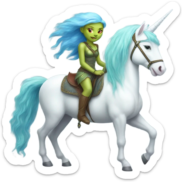 [{a light green Amazon alien woman with red hair with blue eyes} on a [{four-legged white unicorn:[{light blue mane}]] sticker