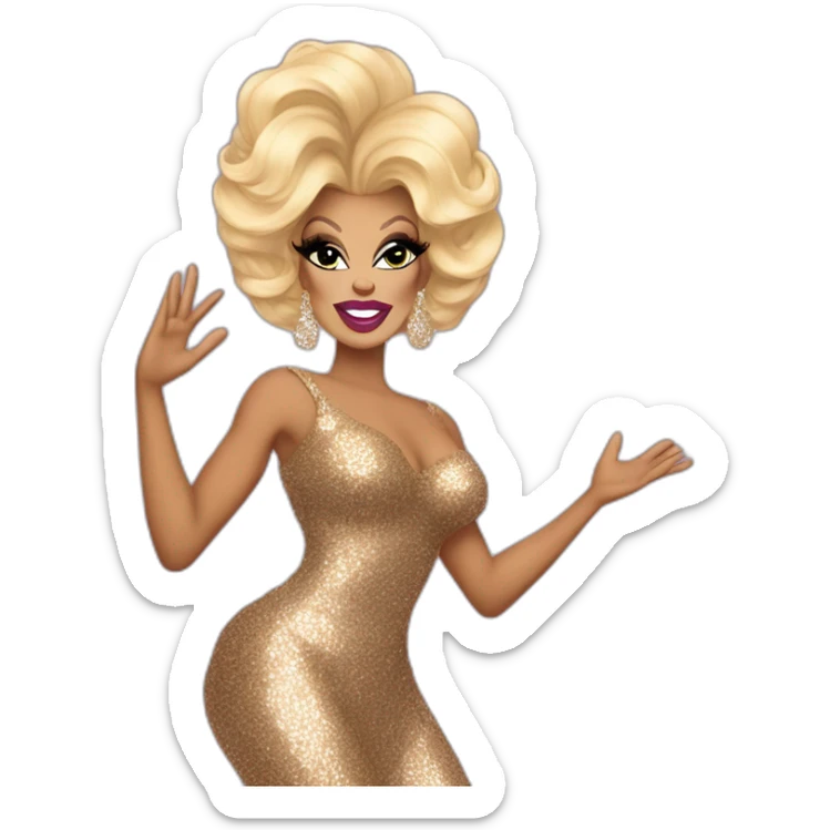 Drag queen, full body. Rupaul Charles. blonde hair styled swept to the side. sequin dress, posed with left hand on her hip, right hand raised in the air. Iconic, legendary, proud sticker