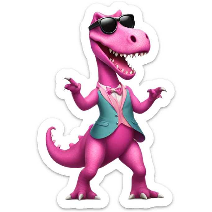 Dancing dinosaur with a pink coquette and sunglasses wearing a skirt sticker