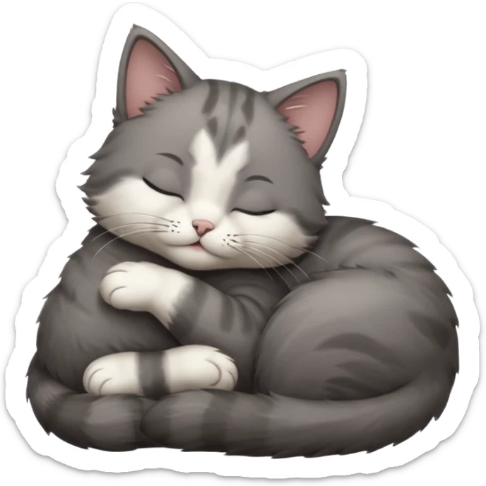 dark grey and white small cat with closed eyes, leaning his head on his paw while leaning on his elbow lying down sticker