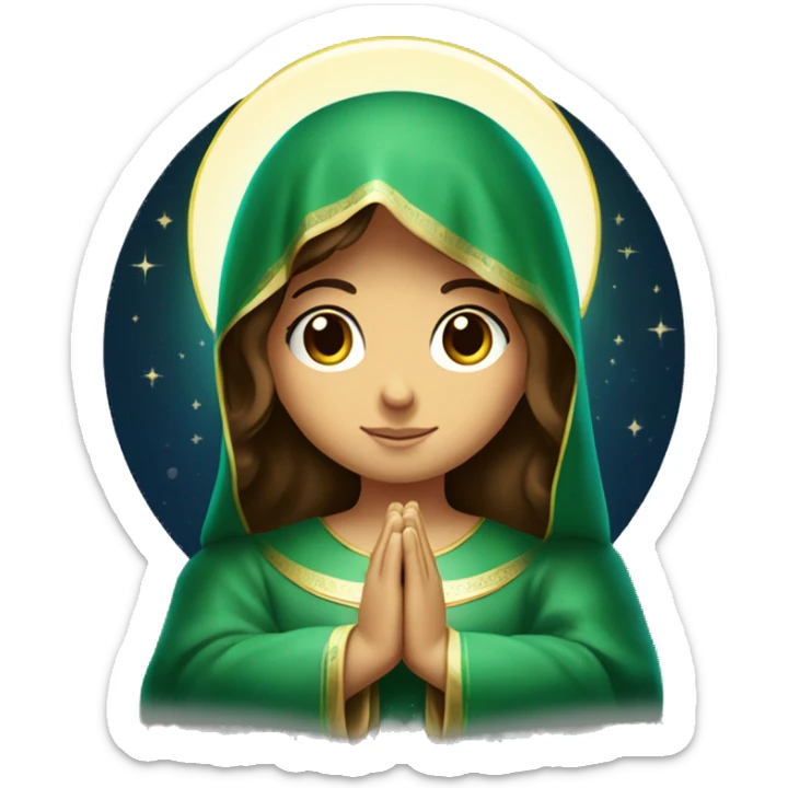 Virgin Mary: kind face looking down at the left, long brown hair, Wearing an emerald green  robe,  Hands in prayer or blessing. Halo around her head. standing on a crescent moon.  sticker