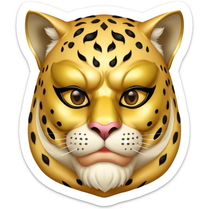 a fat old man, with a vest,  wear half-face golden panther masquerade mask sticker