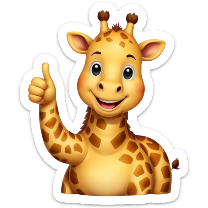 Cartoon short, fat giraffe with a big smile, giving a big thumbs-up sticker