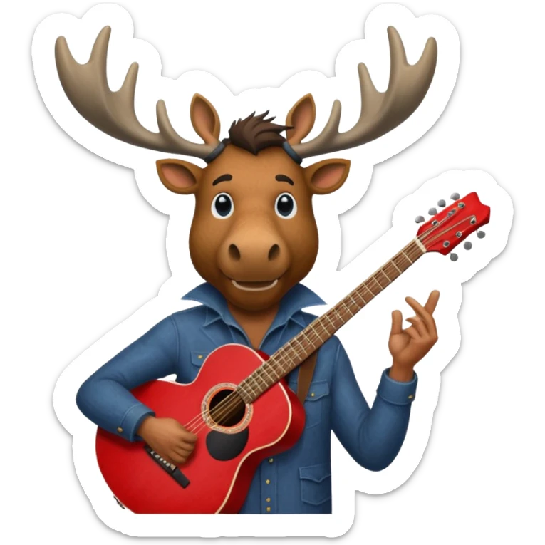 A man with a moose head in alaska pointing a red guitar directly up in the air. Make the graphics gritty and realistic like the moose man is a villian in a high budget batman movie. sticker