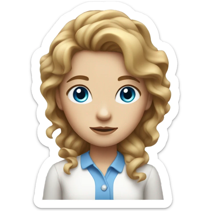 girl with light brown wavy hair blue eyes white shirt sticker