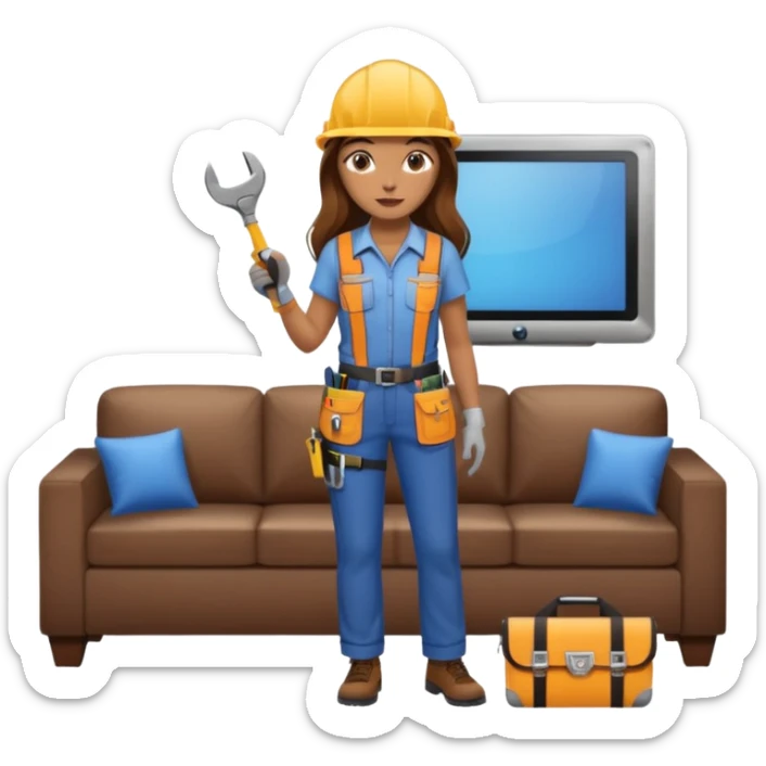 beautiful girl with long brown hair constructing new lounge room area with flat screen tv and couch sticker
