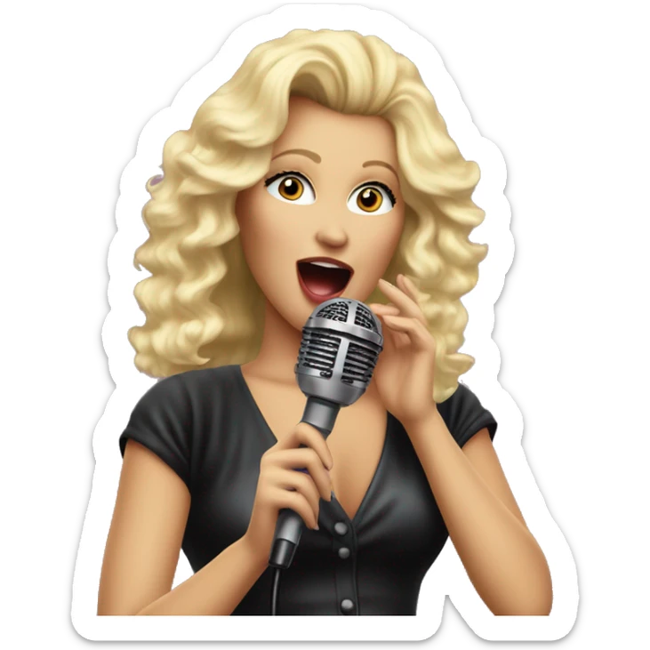 Singer female with blond hair big volume 80's style, singing on the stage with microphone.  Retro rock 80-90's sticker