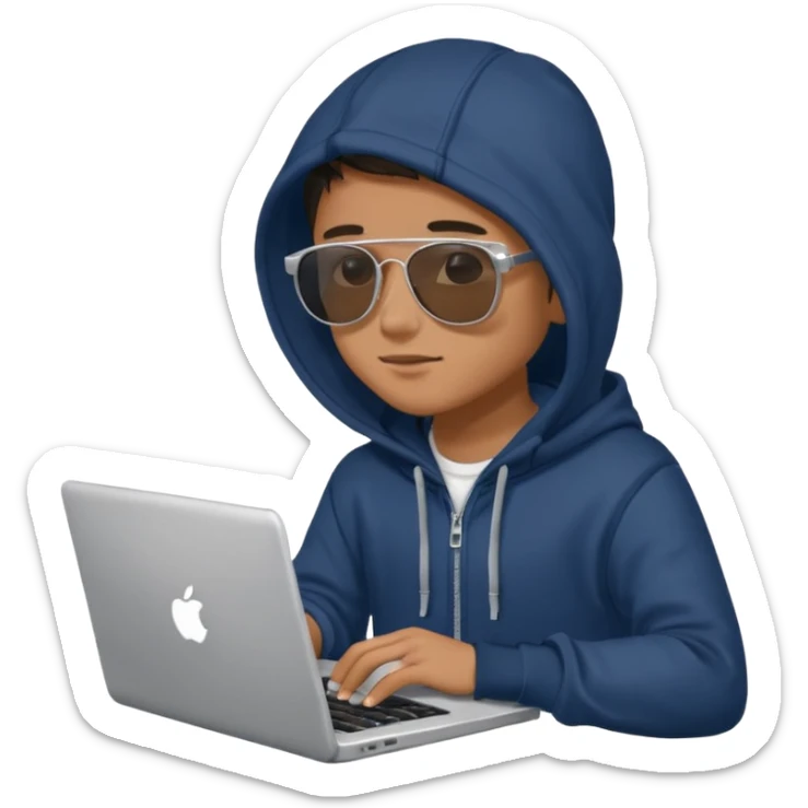 boy with sunglasses and a hoodie sitting with a laptop sticker