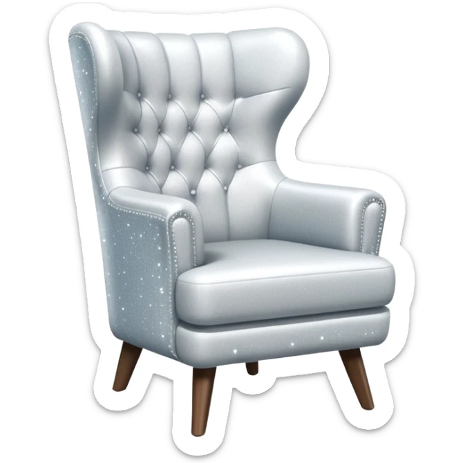 smartphone at an angle showing a clear, detailed armchair on the screen, product page layout, with sparkle effect on the left side sticker