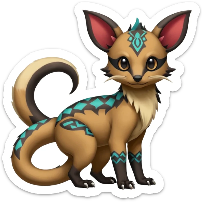 Rare warm-colored exotic cute epic aesthetic gothic colorful Salandit-Eevee-Civet-species-Fakemon-hybrid-creature, with tribal tattoo markings, full body sticker