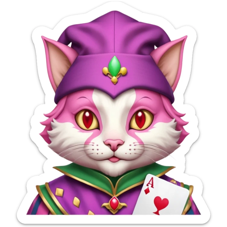 court jester cat medieval, single poker card joker clearly visible, pink, face only, court jester cap sticker