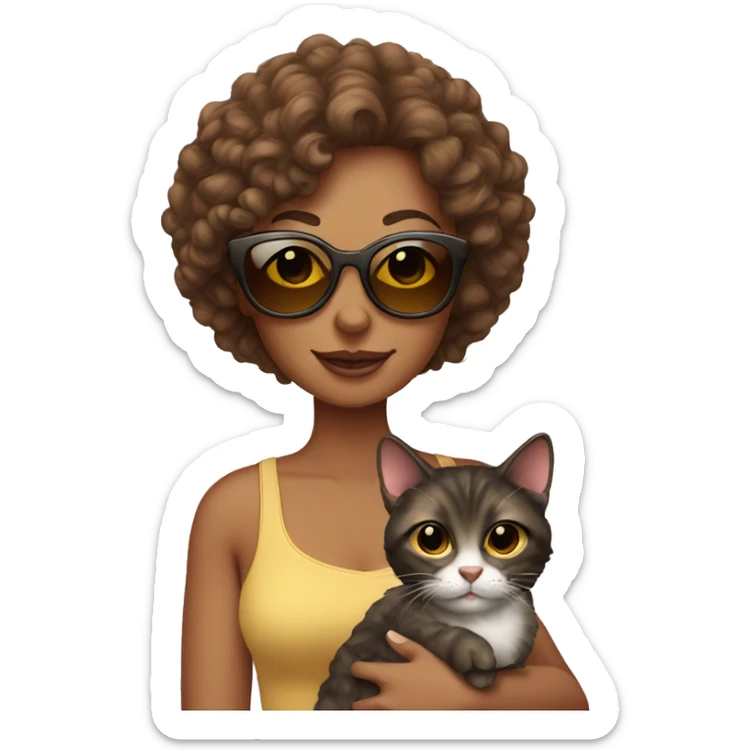 woman with a slight tan, curly hair and sunglasses holding a cat sticker