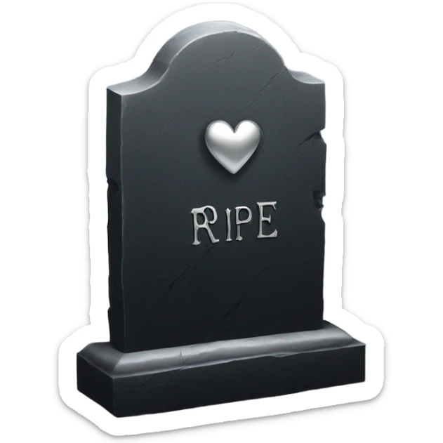 a black tombstone with the inscriptions in silver RIP and a silver heart in the center sticker