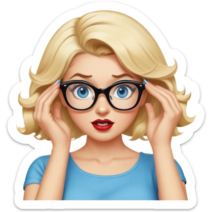Blonde hair, blue eyed, wearing glasses 50's style pinup looking crazy, pulling at her hair with her hands sticker