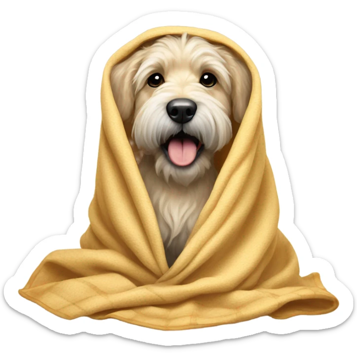 Wheaten dog wrapped in a blanket with its tongue sticking out sticker